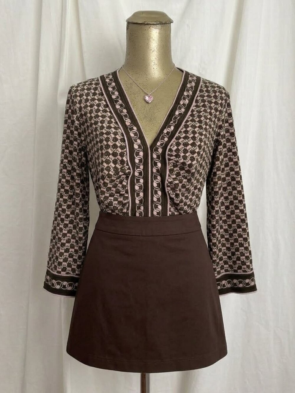 Y2K Studio M Brown Pink V-Neck Geometric Top Vintage Whimsy Maximalist Artsy